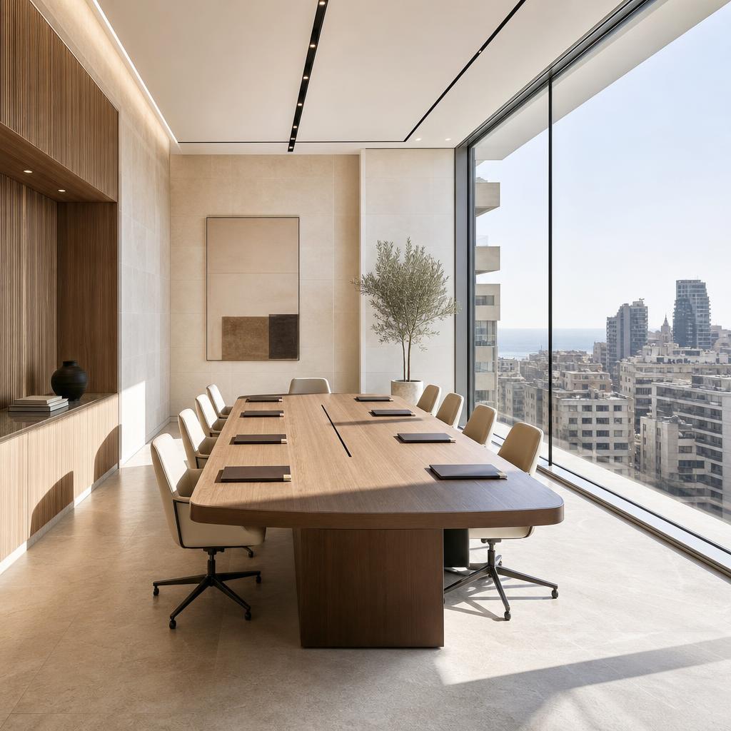 Minimalist private deal room overlooking Beirut in daylight